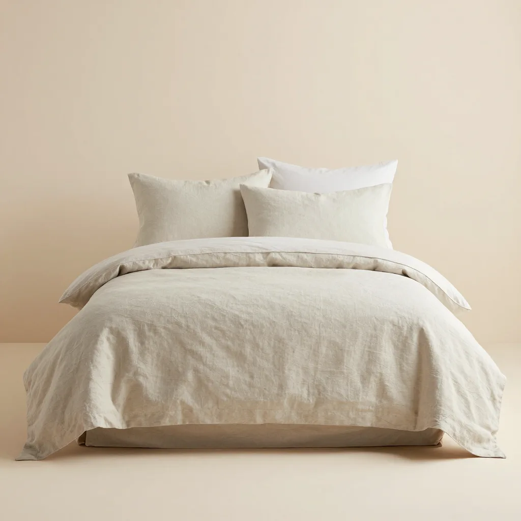 A full linen bed set on a light background